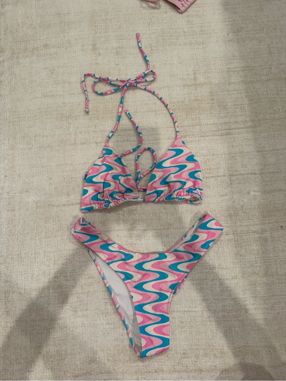 Pink & Teal Wave-Print Bikini Top and Bottom